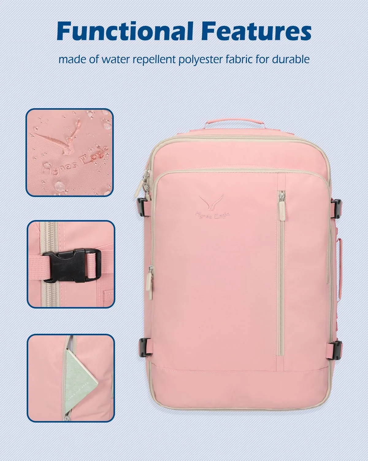 Hynes Eagle Carry on Backpack 38L Large Travel Backpack for Women Flight Approved Weekender Bag Laptop Backpack Men 15 inches Light Pink