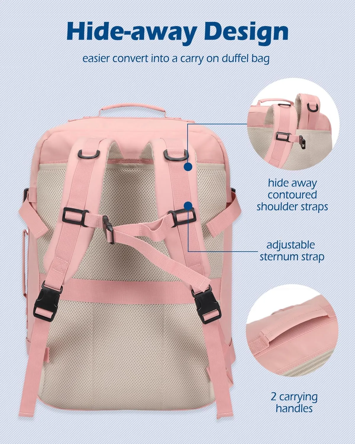 Hynes Eagle Carry on Backpack 38L Large Travel Backpack for Women Flight Approved Weekender Bag Laptop Backpack Men 15 inches Light Pink