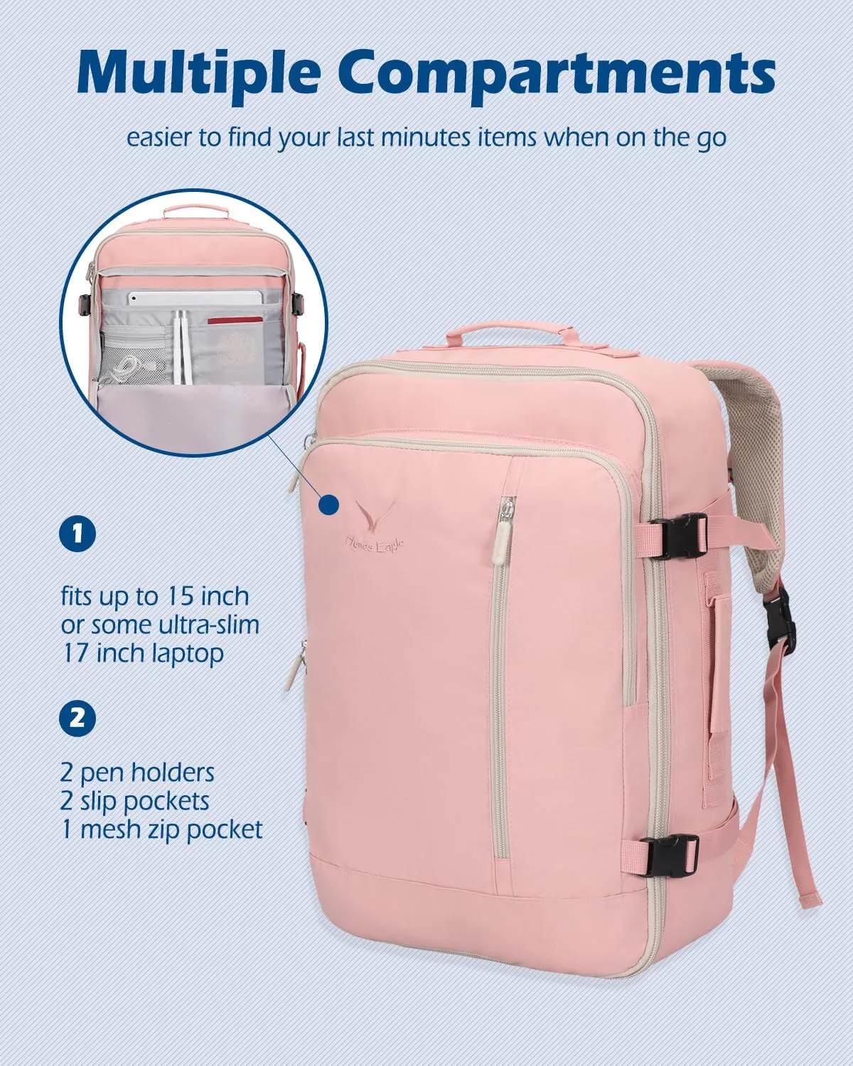 Hynes Eagle Carry on Backpack 38L Large Travel Backpack for Women Flight Approved Weekender Bag Laptop Backpack Men 15 inches Light Pink