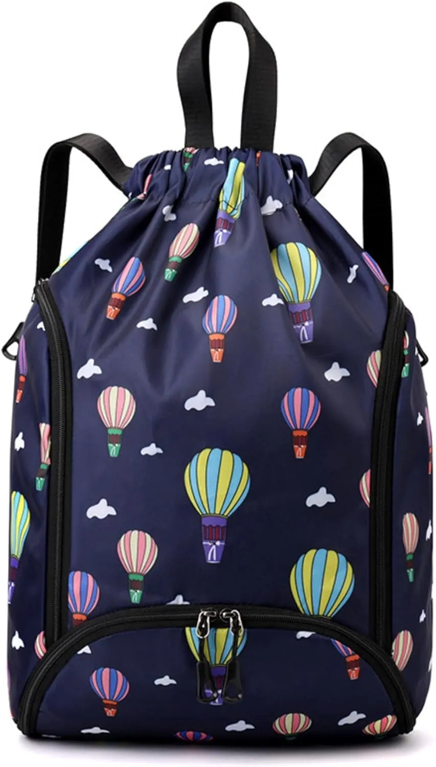 IAMUHI Nylon Drawstring Backpack Sports Gym Travel Bag for Women Men Large with Two Zipper Pockets Daypack Shoulder Bag Purse,Balloon