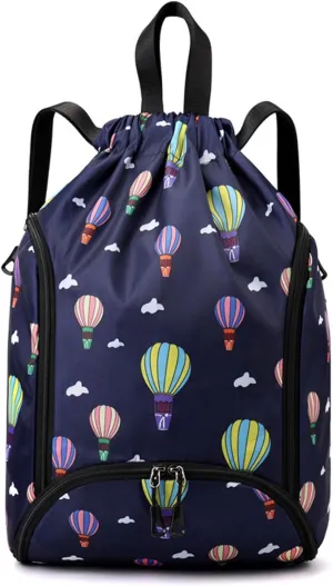IAMUHI Nylon Drawstring Backpack Sports Gym Travel Bag for Women Men Large with Two Zipper Pockets Daypack Shoulder Bag Purse,Balloon