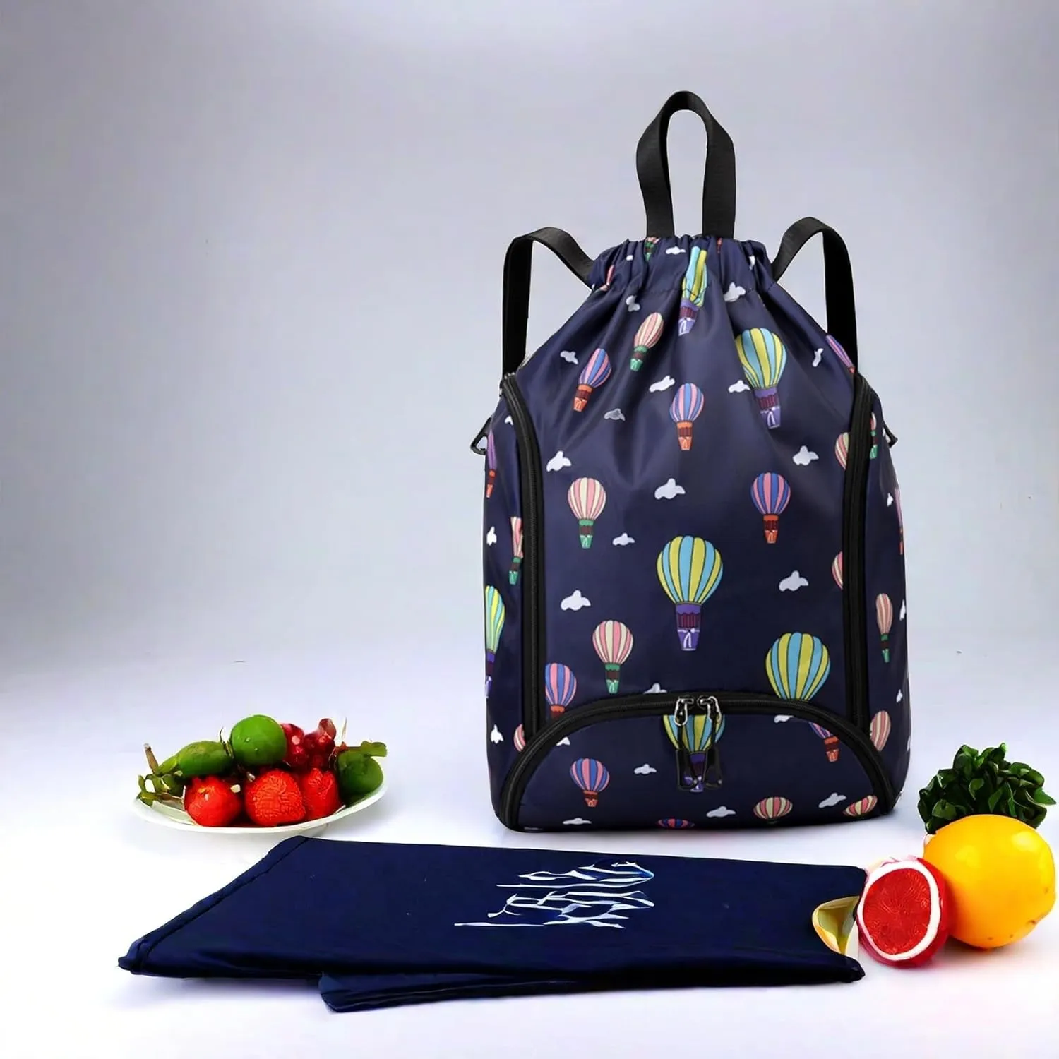 IAMUHI Nylon Drawstring Backpack Sports Gym Travel Bag for Women Men Large with Two Zipper Pockets Daypack Shoulder Bag Purse,Balloon