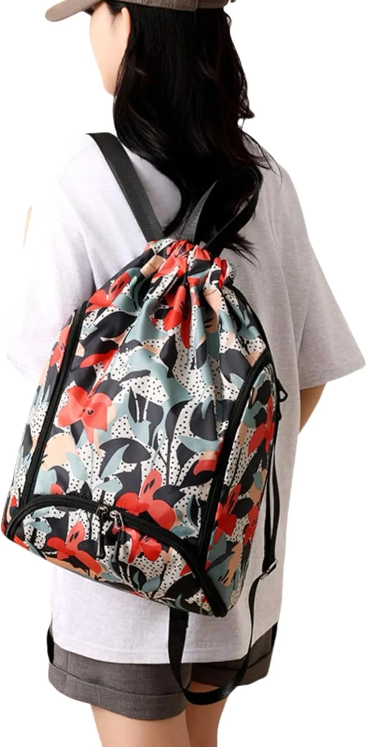 IAMUHI Nylon Drawstring Backpack Sports Gym Travel Bag for Women Men Large with Two Zipper Pockets Daypack Shoulder Bag Purse,Morning Glory