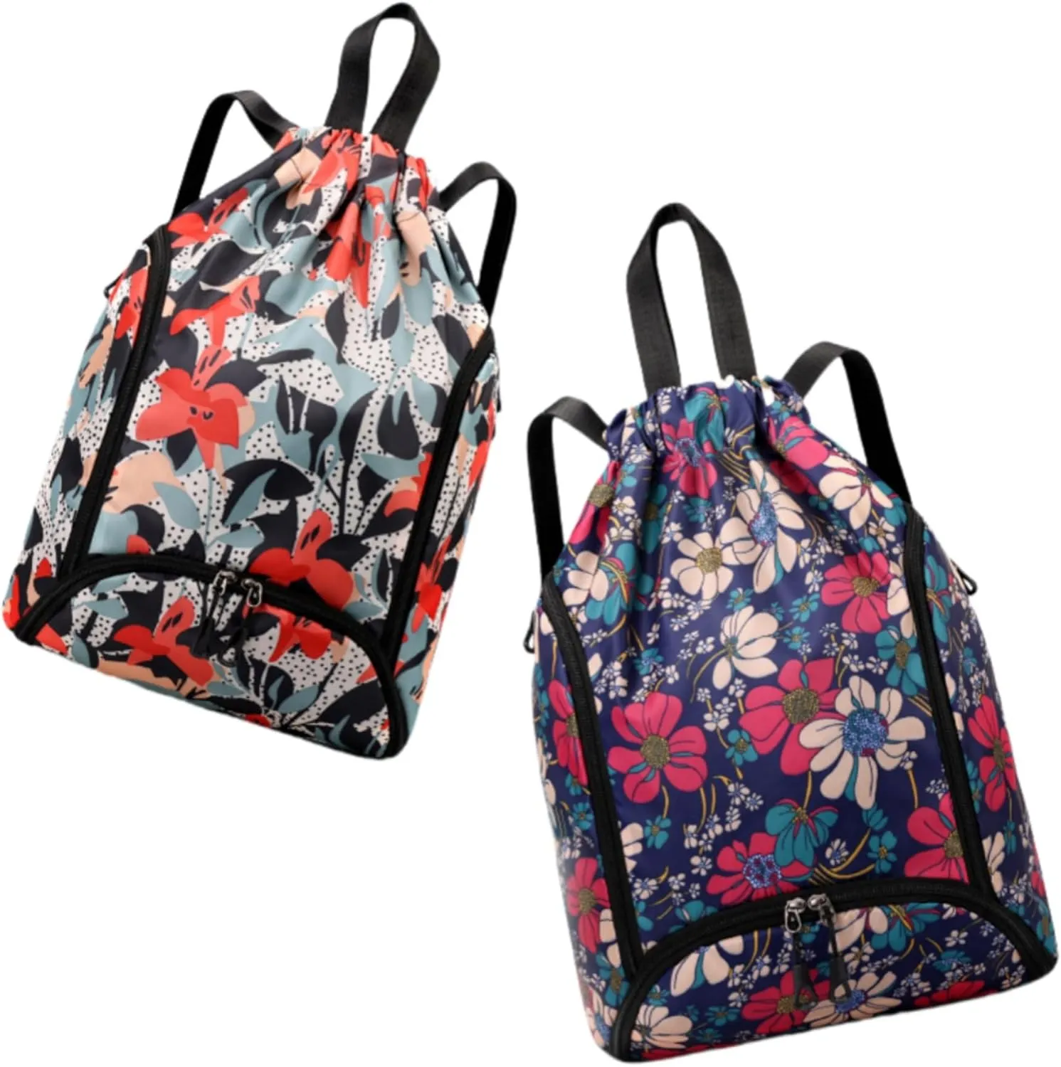 IAMUHI Nylon Drawstring Backpack Sports Gym Travel Bag for Women Men Large with Two Zipper Pockets Daypack Shoulder Bag Purse,Morning Glory