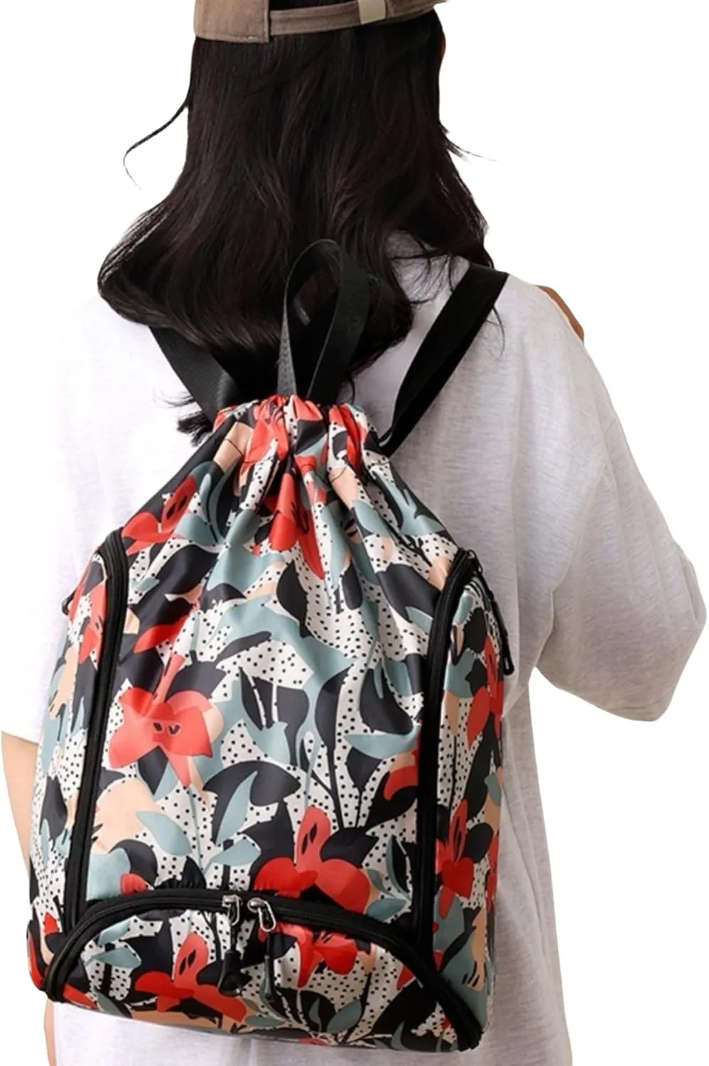 IAMUHI Nylon Drawstring Backpack Sports Gym Travel Bag for Women Men Large with Two Zipper Pockets Daypack Shoulder Bag Purse,Morning Glory