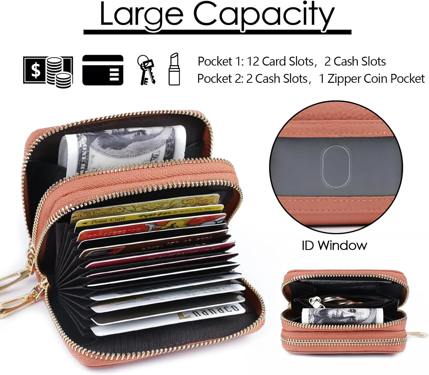imeetu RFID Credit Card Holder, Small Leather Zipper Card Case Wallet for Women