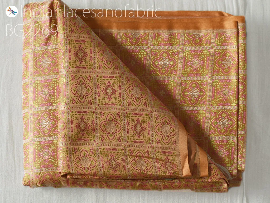 Indian peach jacquard fabric by the yard silk wedding dresses curtains making valance drapes DIY crafting sewing home décor furnishing cushion covers clutches bridesmaid lehenga