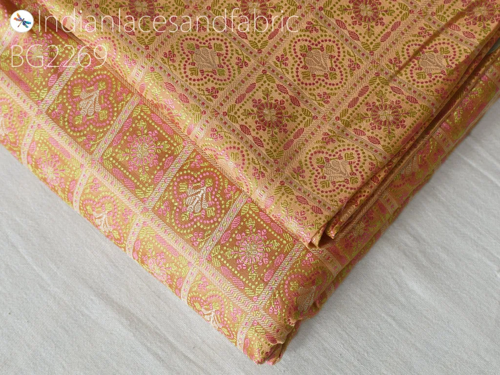 Indian peach jacquard fabric by the yard silk wedding dresses curtains making valance drapes DIY crafting sewing home décor furnishing cushion covers clutches bridesmaid lehenga