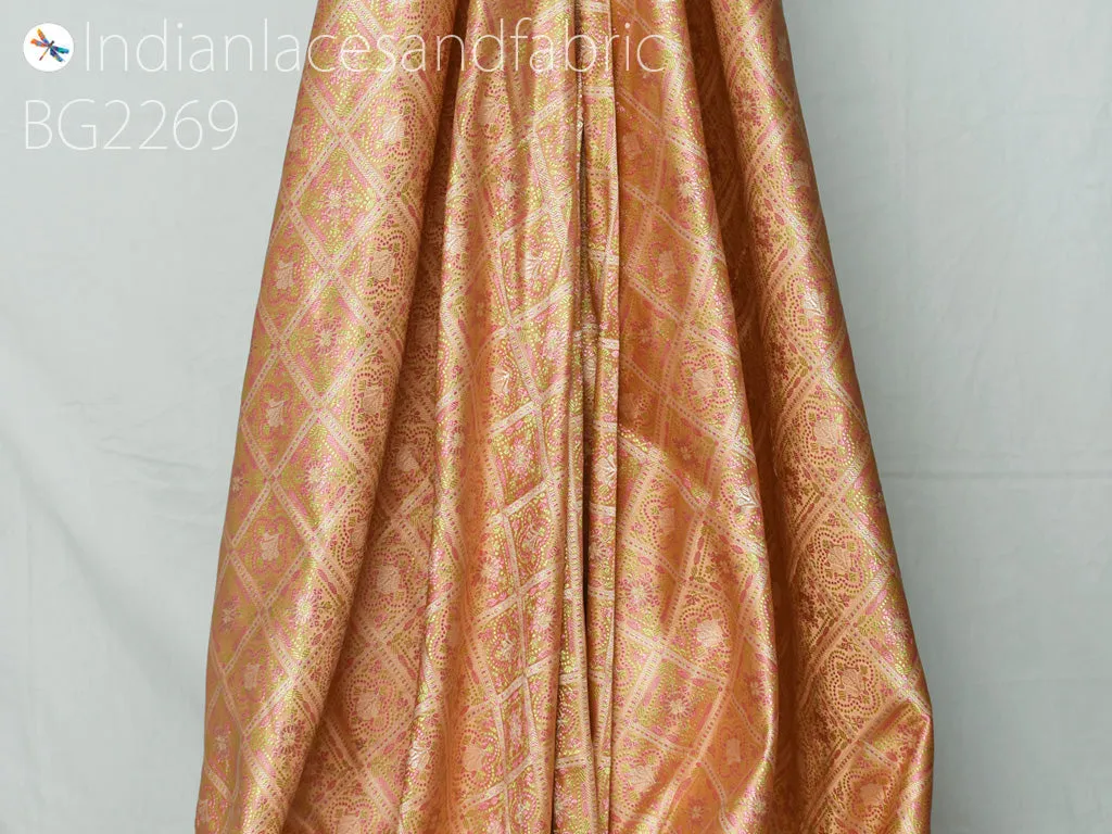 Indian peach jacquard fabric by the yard silk wedding dresses curtains making valance drapes DIY crafting sewing home décor furnishing cushion covers clutches bridesmaid lehenga