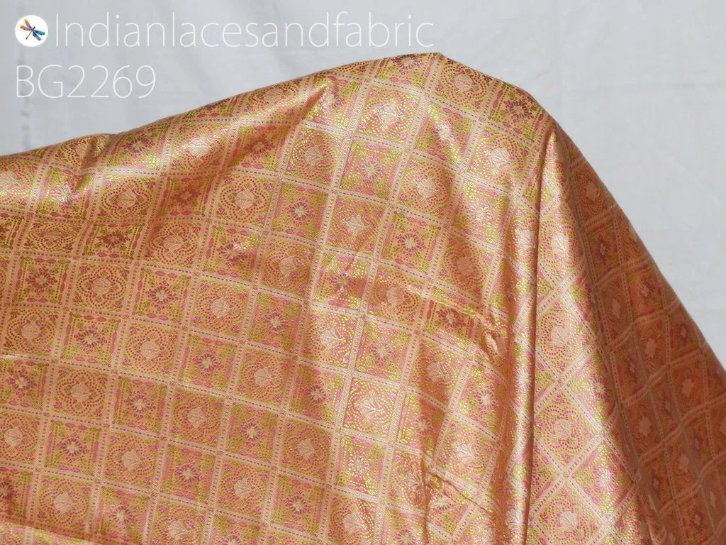 Indian peach jacquard fabric by the yard silk wedding dresses curtains making valance drapes DIY crafting sewing home décor furnishing cushion covers clutches bridesmaid lehenga