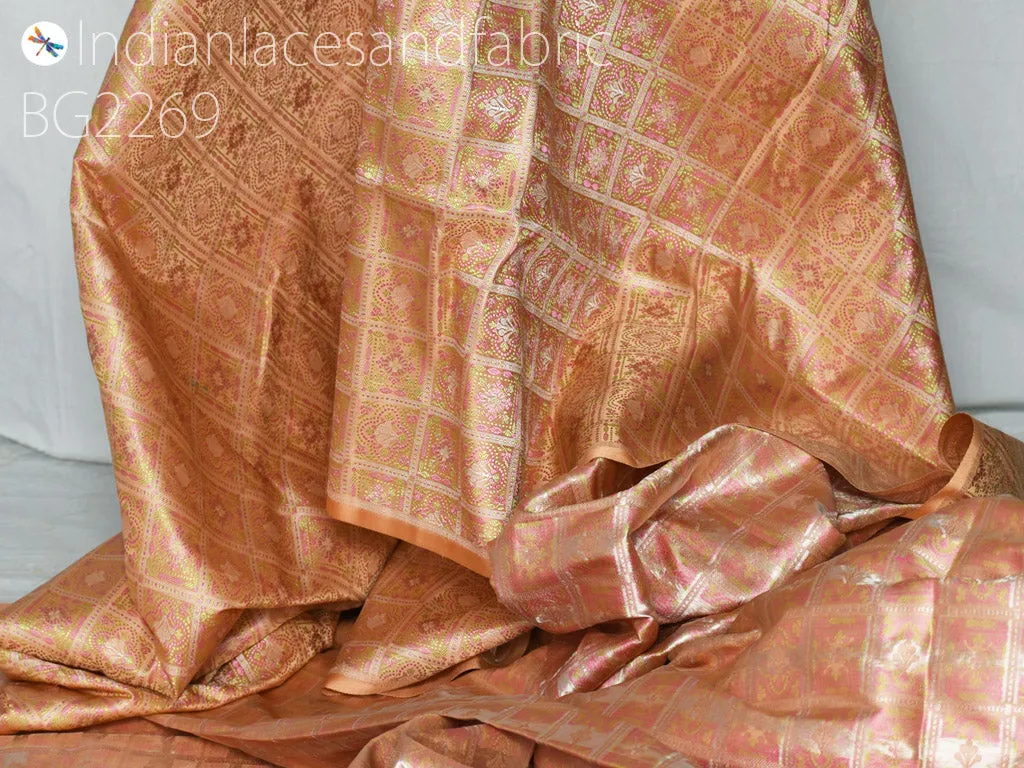 Indian peach jacquard fabric by the yard silk wedding dresses curtains making valance drapes DIY crafting sewing home décor furnishing cushion covers clutches bridesmaid lehenga