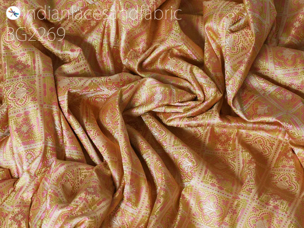Indian peach jacquard fabric by the yard silk wedding dresses curtains making valance drapes DIY crafting sewing home décor furnishing cushion covers clutches bridesmaid lehenga