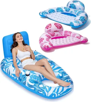 Inflatable Pool Float Chair and 2 PCS Floating Lounge Chairs with Headrest & Cup Holder for Adult Swimming Pool, Lake, Beach Party Toy