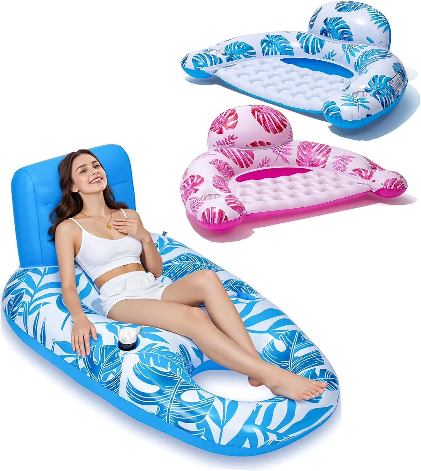 Inflatable Pool Float Chair and 2 PCS Floating Lounge Chairs with Headrest & Cup Holder for Adult Swimming Pool, Lake, Beach Party Toy