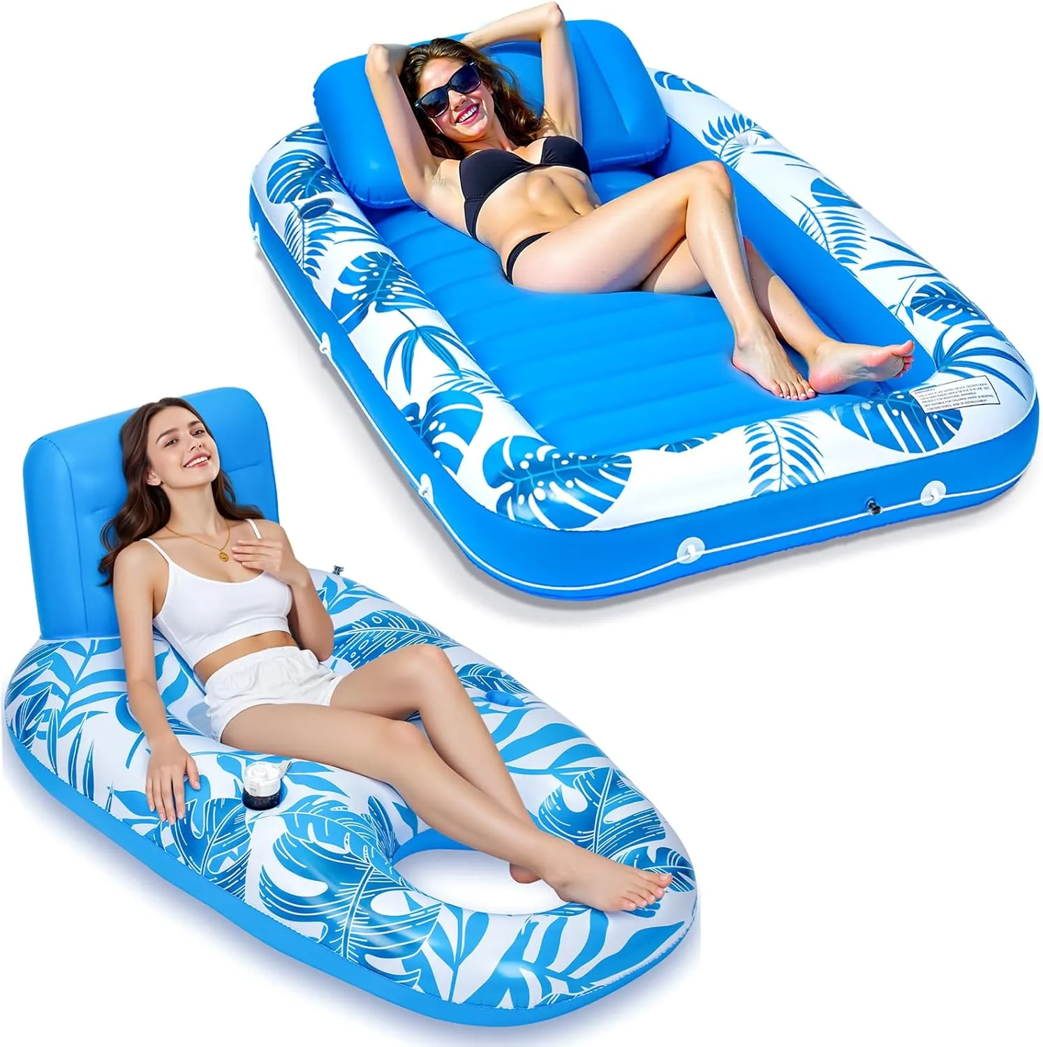 Inflatable Pool Float Chair and Pool Lounger Float Tanning Bed with Headrest & Drink Holder for Adult Swimming Pool, Lake, Beach Party Toy