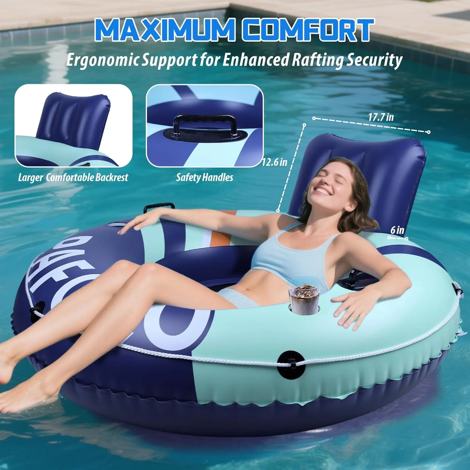 Inflatable River Tube Float, Pool Float Adult, River Tubes for Floating Heavy Duty with Mesh Bottom, Comfortable Backrest & 2 Cup Holders & Durable Grab Handles,450 lbs Weight Capacity