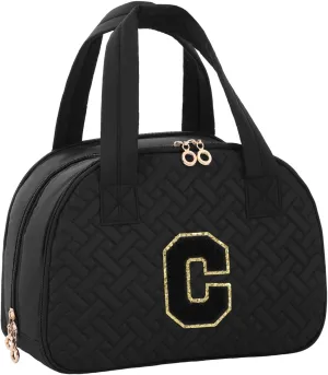 Initial Travel Toiletry Bag, Personalized Cosmetic Bags Birthday Gifts for Women, Makeup Bag Organizer with Handle, Travel Bag for Toiletries with Brush Holder (C, Black)