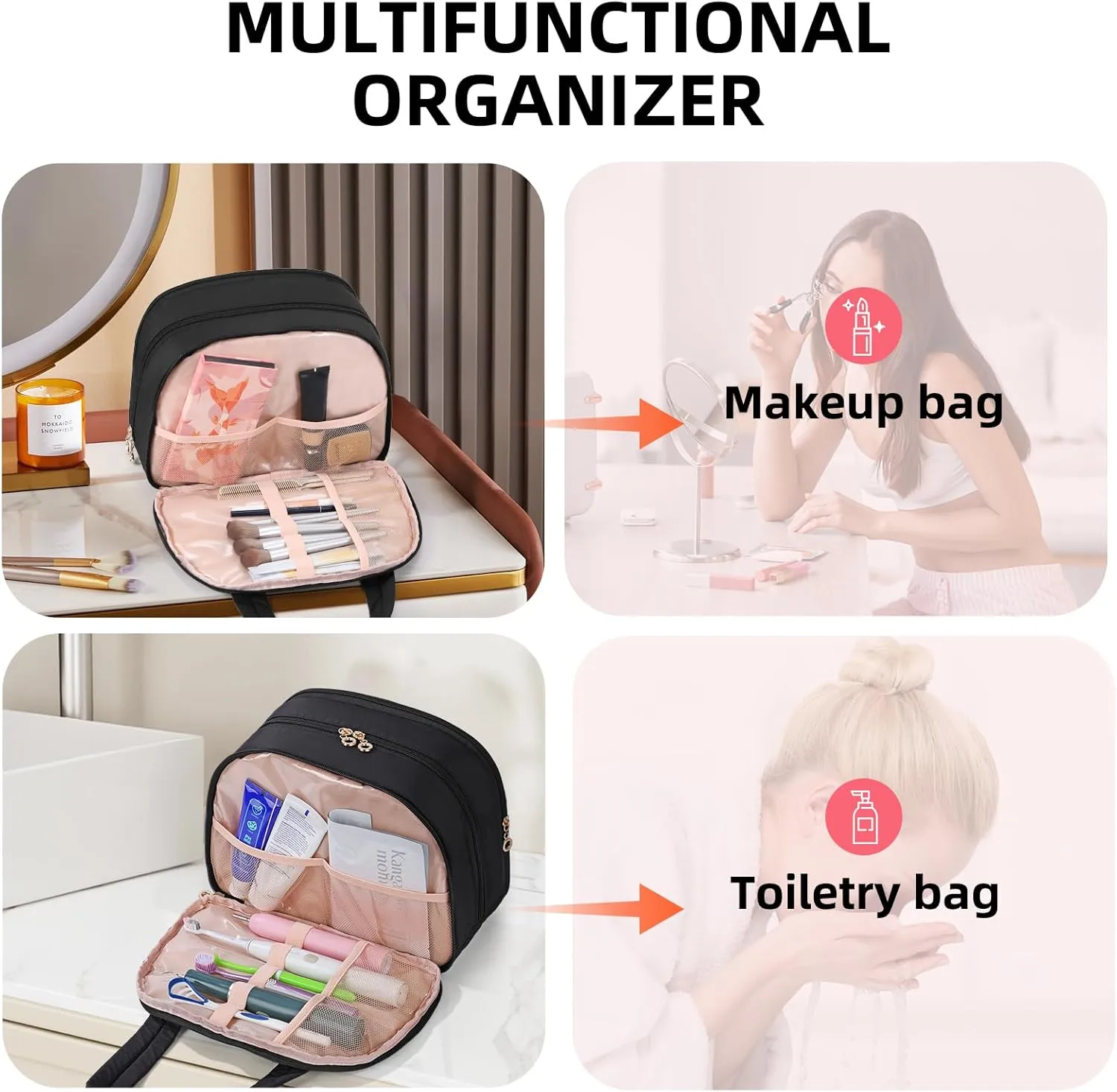 Initial Travel Toiletry Bag, Personalized Cosmetic Bags Birthday Gifts for Women, Makeup Bag Organizer with Handle, Travel Bag for Toiletries with Brush Holder (C, Black)