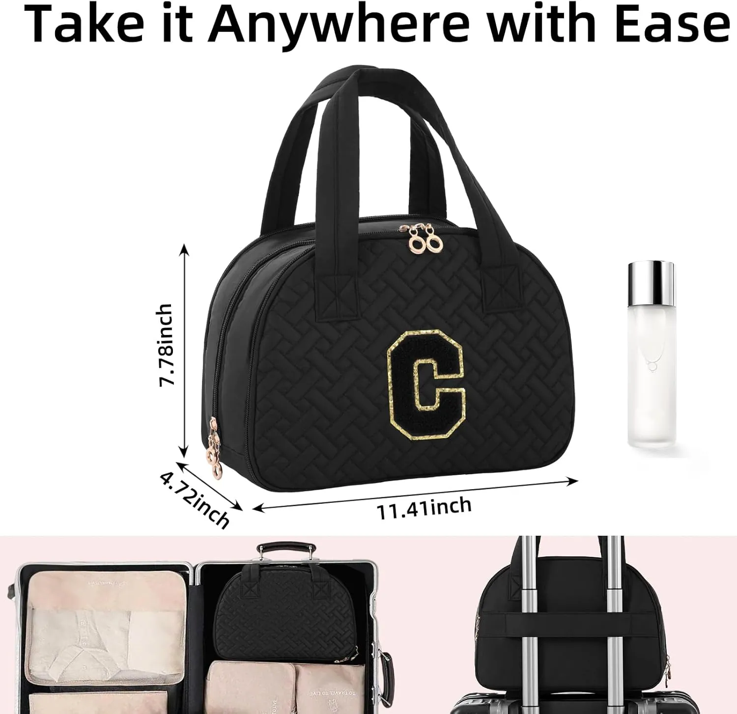 Initial Travel Toiletry Bag, Personalized Cosmetic Bags Birthday Gifts for Women, Makeup Bag Organizer with Handle, Travel Bag for Toiletries with Brush Holder (C, Black)