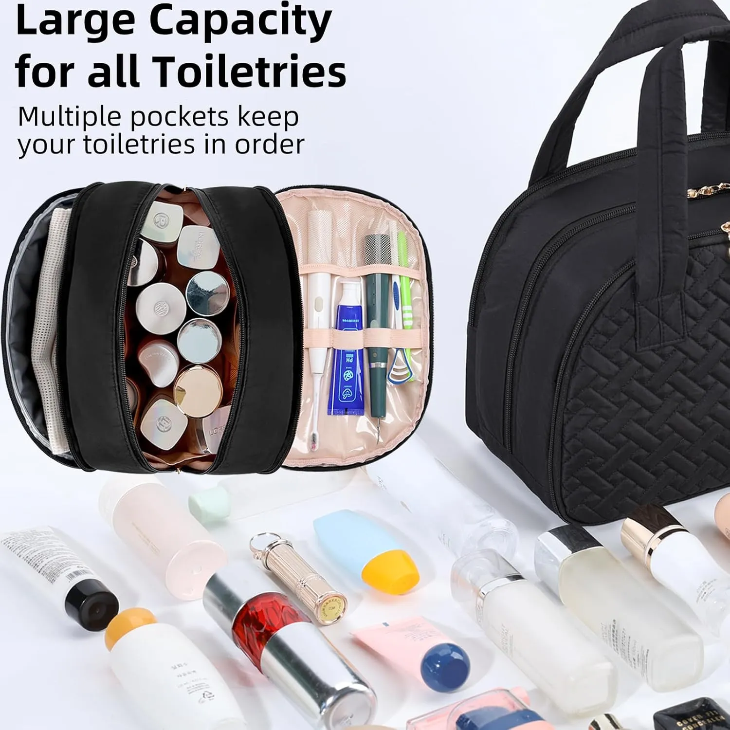 Initial Travel Toiletry Bag, Personalized Cosmetic Bags Birthday Gifts for Women, Makeup Bag Organizer with Handle, Travel Bag for Toiletries with Brush Holder (C, Black)