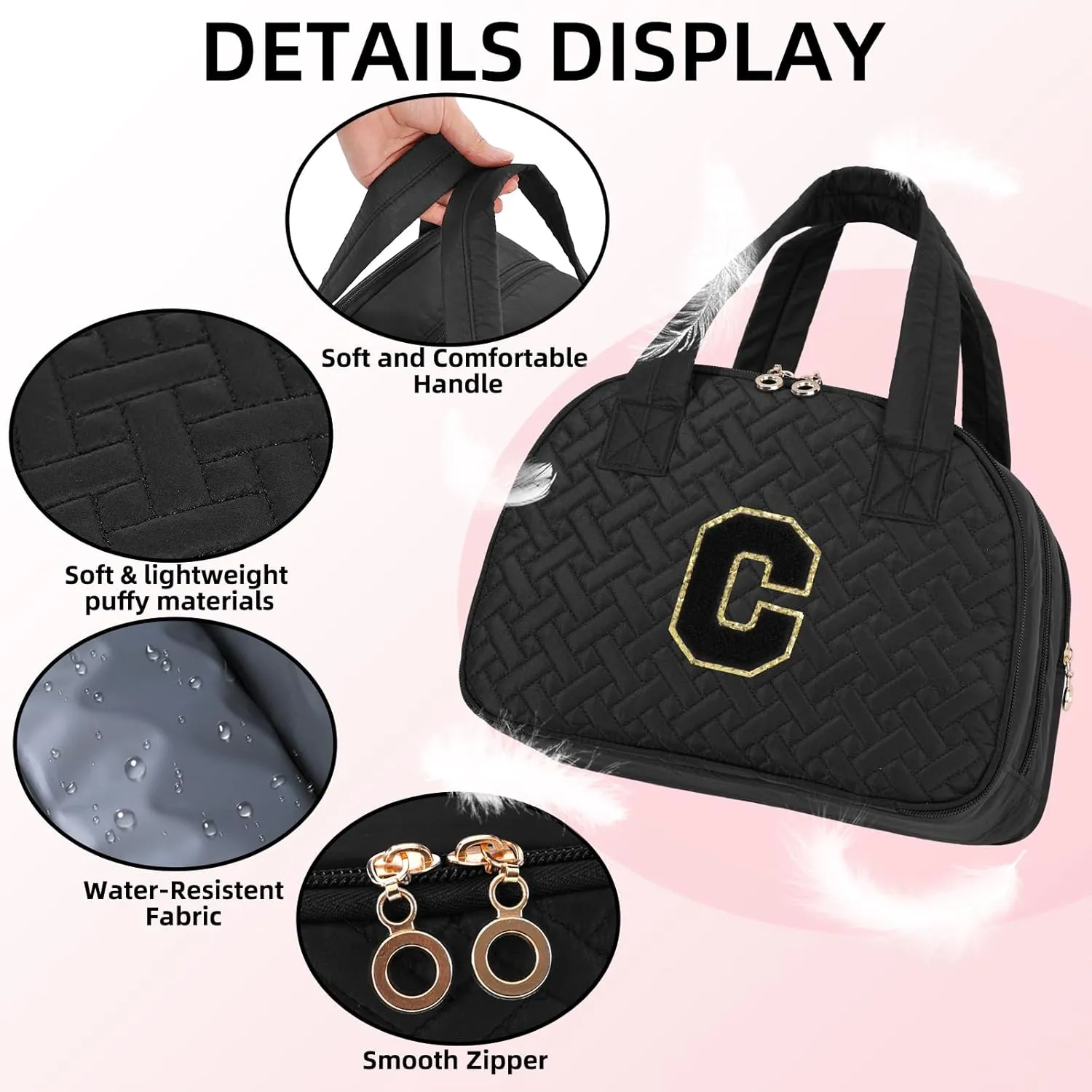 Initial Travel Toiletry Bag, Personalized Cosmetic Bags Birthday Gifts for Women, Makeup Bag Organizer with Handle, Travel Bag for Toiletries with Brush Holder (C, Black)