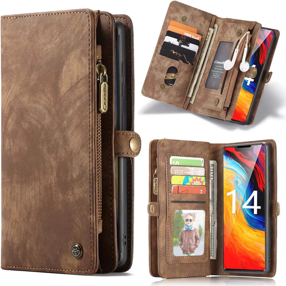 iPhone 16 Pro Max Leather Detachable Wallet Zipper Case with 11 Card Slots Holder Magnetic Case for iPhone 16 Pro Max Flip Wallet Handle Wrist Strap Man Woman Pocket Handbag (Brown)
