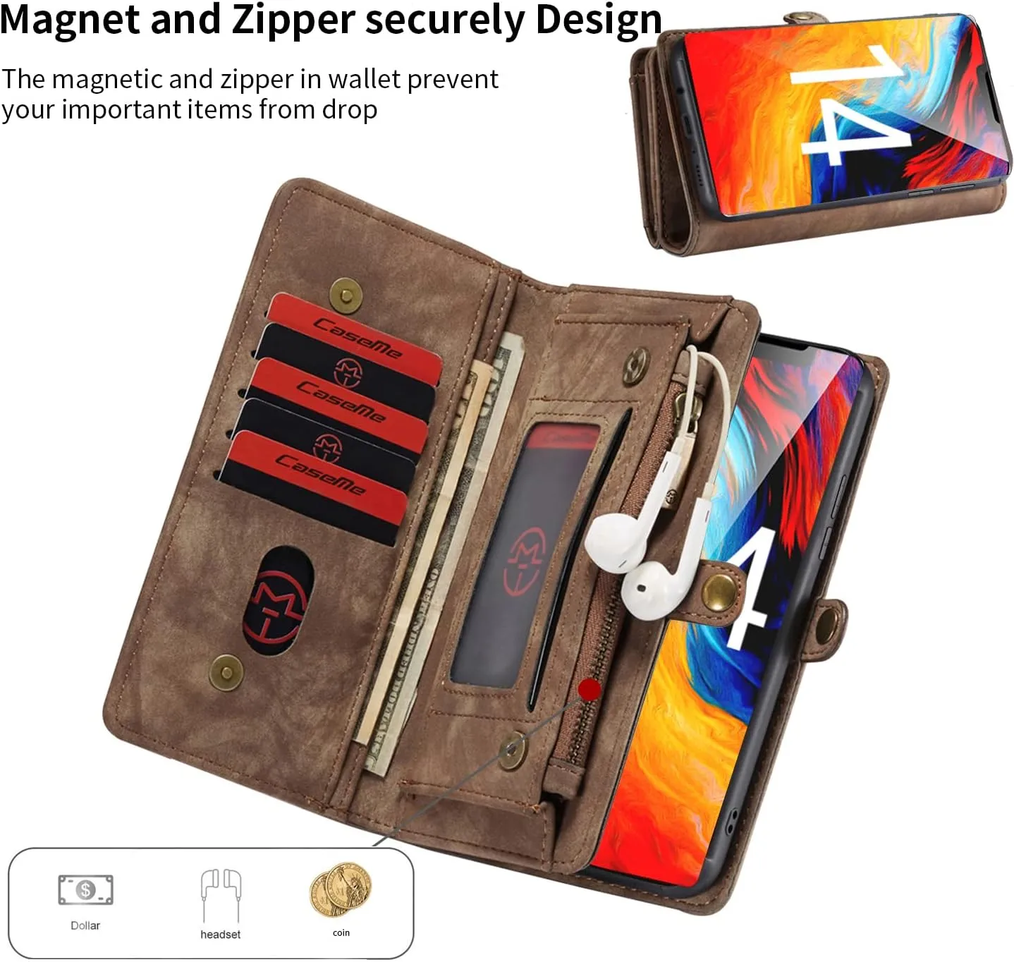 iPhone 16 Pro Max Leather Detachable Wallet Zipper Case with 11 Card Slots Holder Magnetic Case for iPhone 16 Pro Max Flip Wallet Handle Wrist Strap Man Woman Pocket Handbag (Brown)