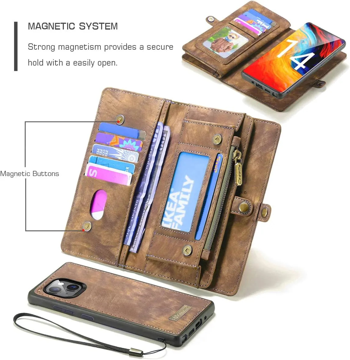iPhone 16 Pro Max Leather Detachable Wallet Zipper Case with 11 Card Slots Holder Magnetic Case for iPhone 16 Pro Max Flip Wallet Handle Wrist Strap Man Woman Pocket Handbag (Brown)