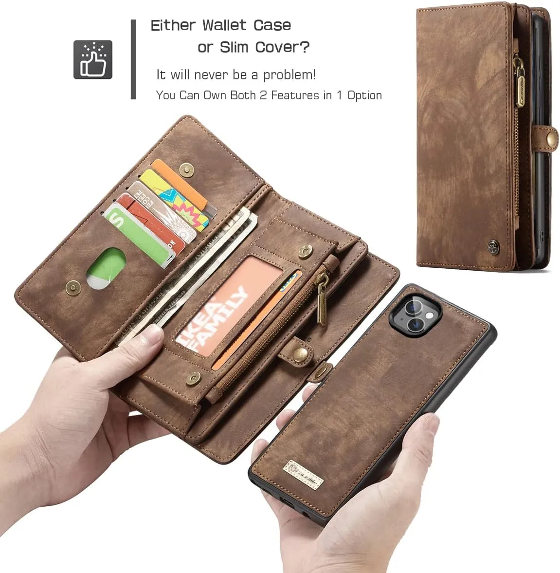 iPhone 16 Pro Max Leather Detachable Wallet Zipper Case with 11 Card Slots Holder Magnetic Case for iPhone 16 Pro Max Flip Wallet Handle Wrist Strap Man Woman Pocket Handbag (Brown)