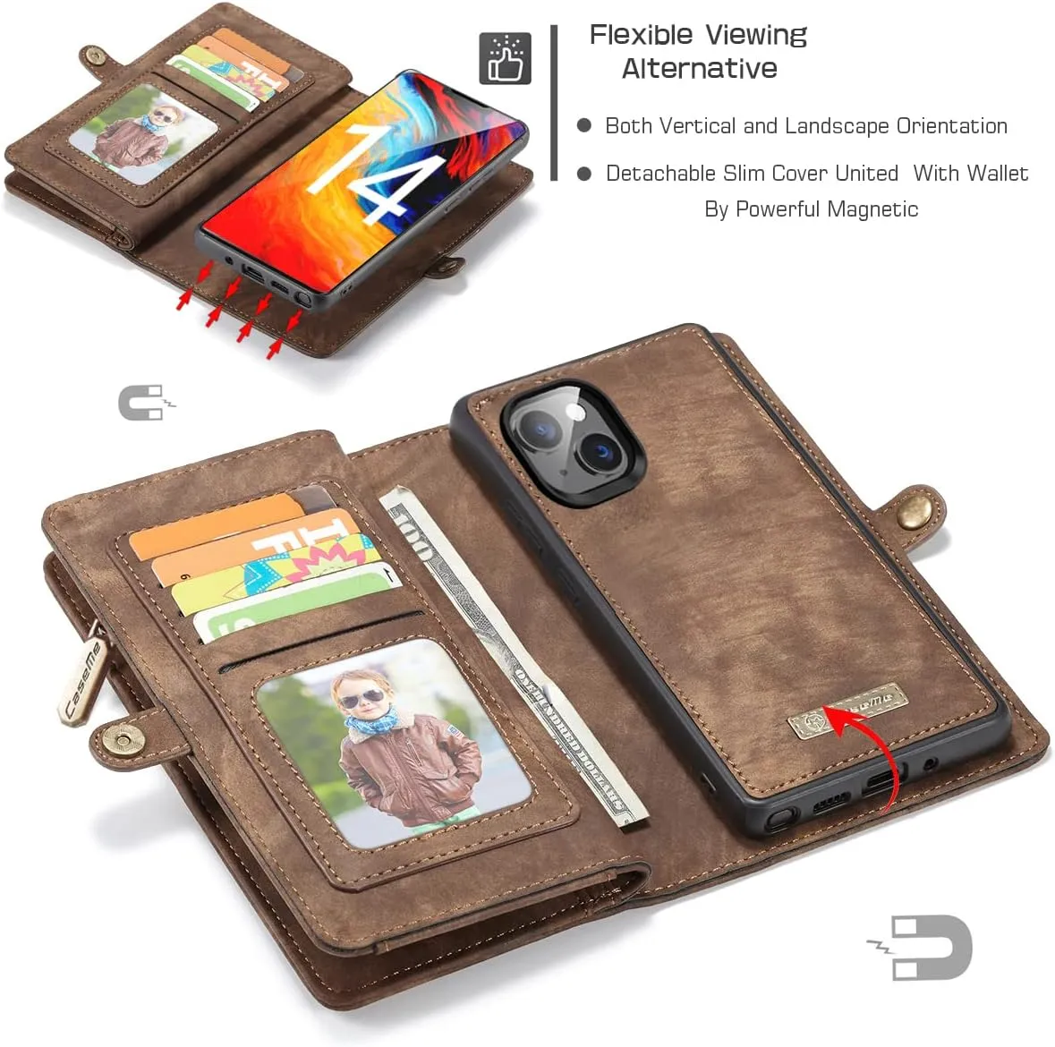 iPhone 16 Pro Max Leather Detachable Wallet Zipper Case with 11 Card Slots Holder Magnetic Case for iPhone 16 Pro Max Flip Wallet Handle Wrist Strap Man Woman Pocket Handbag (Brown)