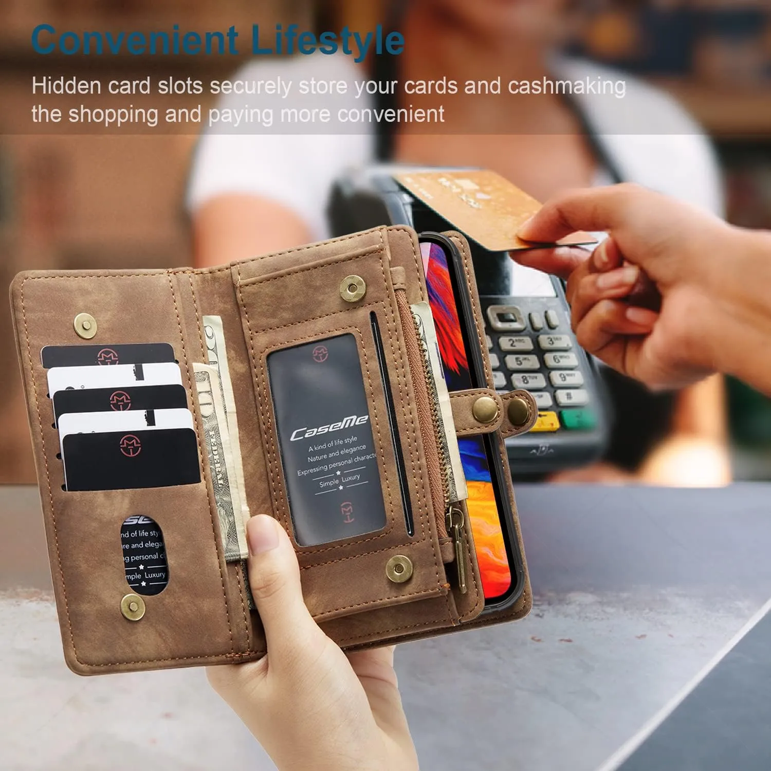 iPhone 16 Pro Max Leather Detachable Wallet Zipper Case with 11 Card Slots Holder Magnetic Case for iPhone 16 Pro Max Flip Wallet Handle Wrist Strap Man Woman Pocket Handbag (Brown)