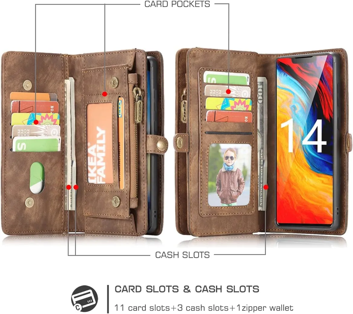 iPhone 16 Pro Max Leather Detachable Wallet Zipper Case with 11 Card Slots Holder Magnetic Case for iPhone 16 Pro Max Flip Wallet Handle Wrist Strap Man Woman Pocket Handbag (Brown)