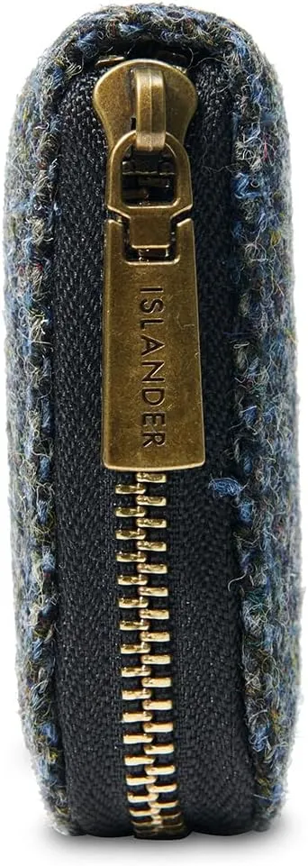 Islander HarrisTweed & PU Leather women’s long zip purse, Black&grey Herringbone, Carry Cash & card, Scottish Style