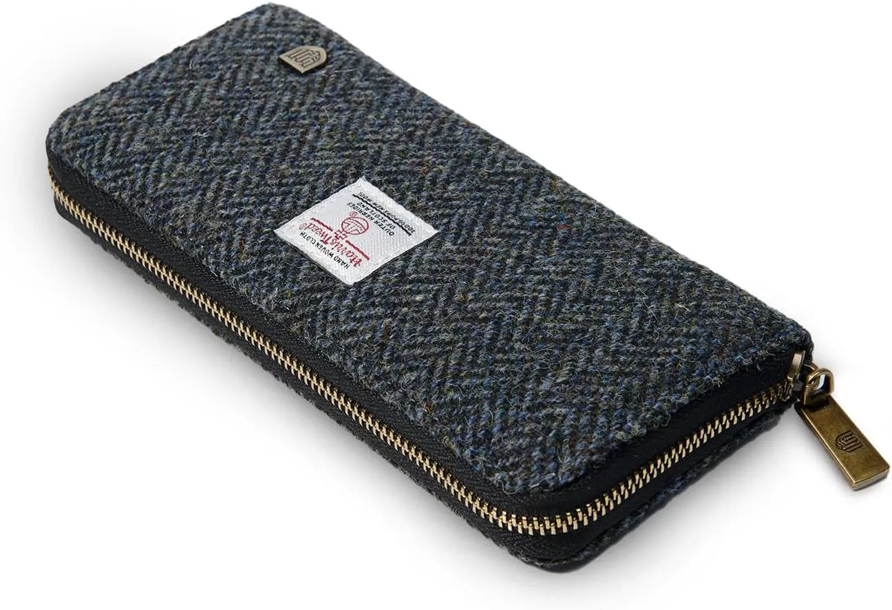 Islander HarrisTweed & PU Leather women’s long zip purse, Black&grey Herringbone, Carry Cash & card, Scottish Style