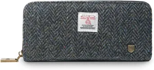 Islander HarrisTweed & PU Leather women’s long zip purse, Black&grey Herringbone, Carry Cash & card, Scottish Style