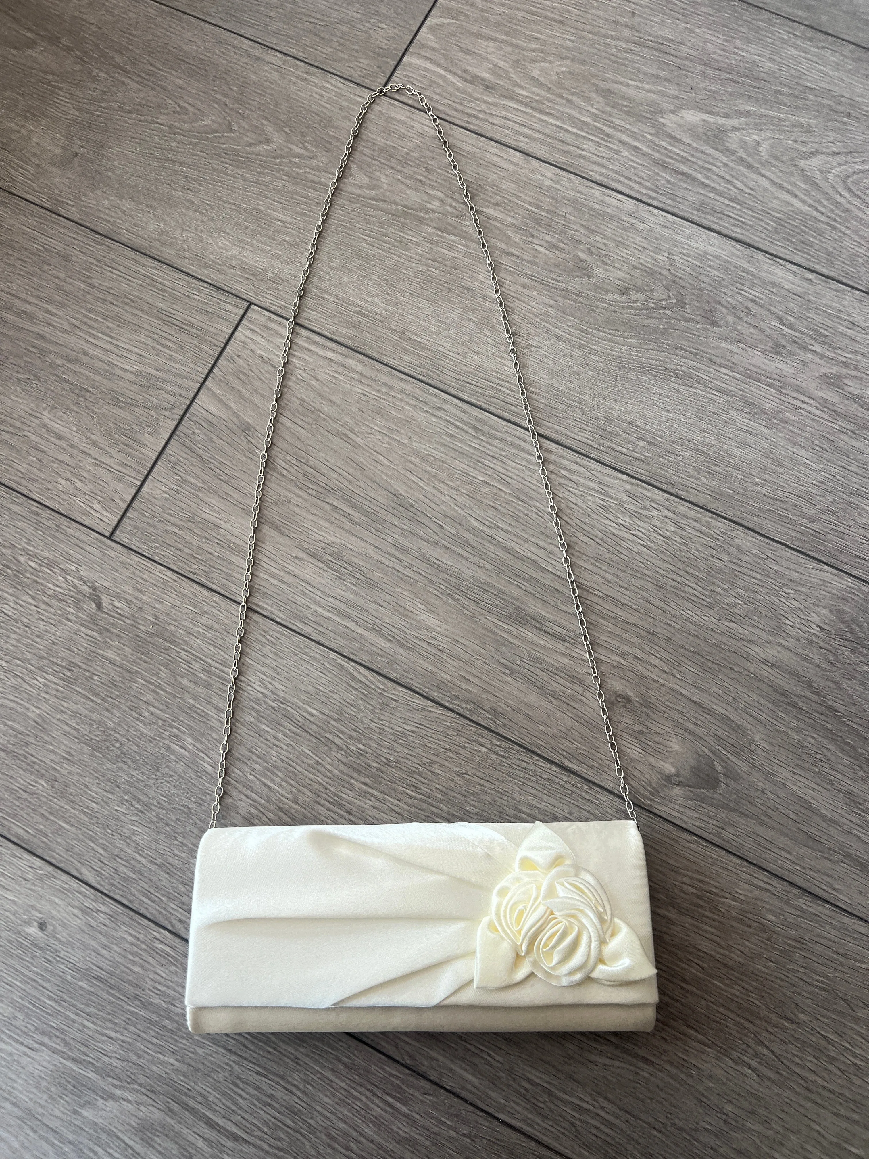 Ivory Satin Clutch Bag With Rose Flower Detail