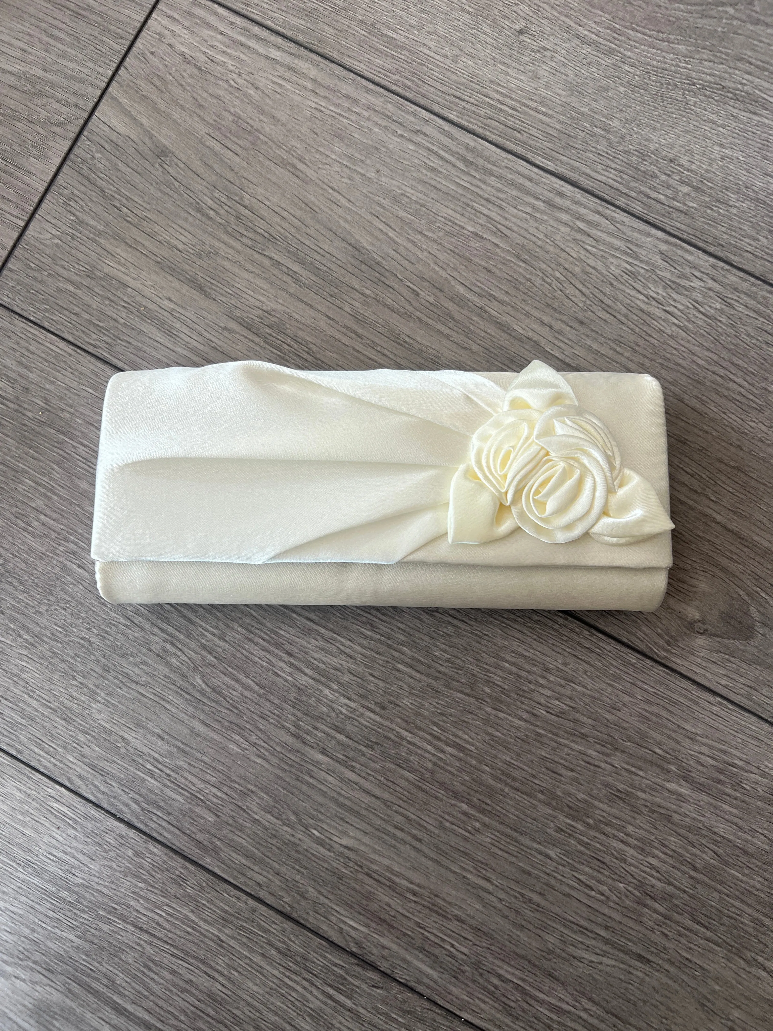 Ivory Satin Clutch Bag With Rose Flower Detail