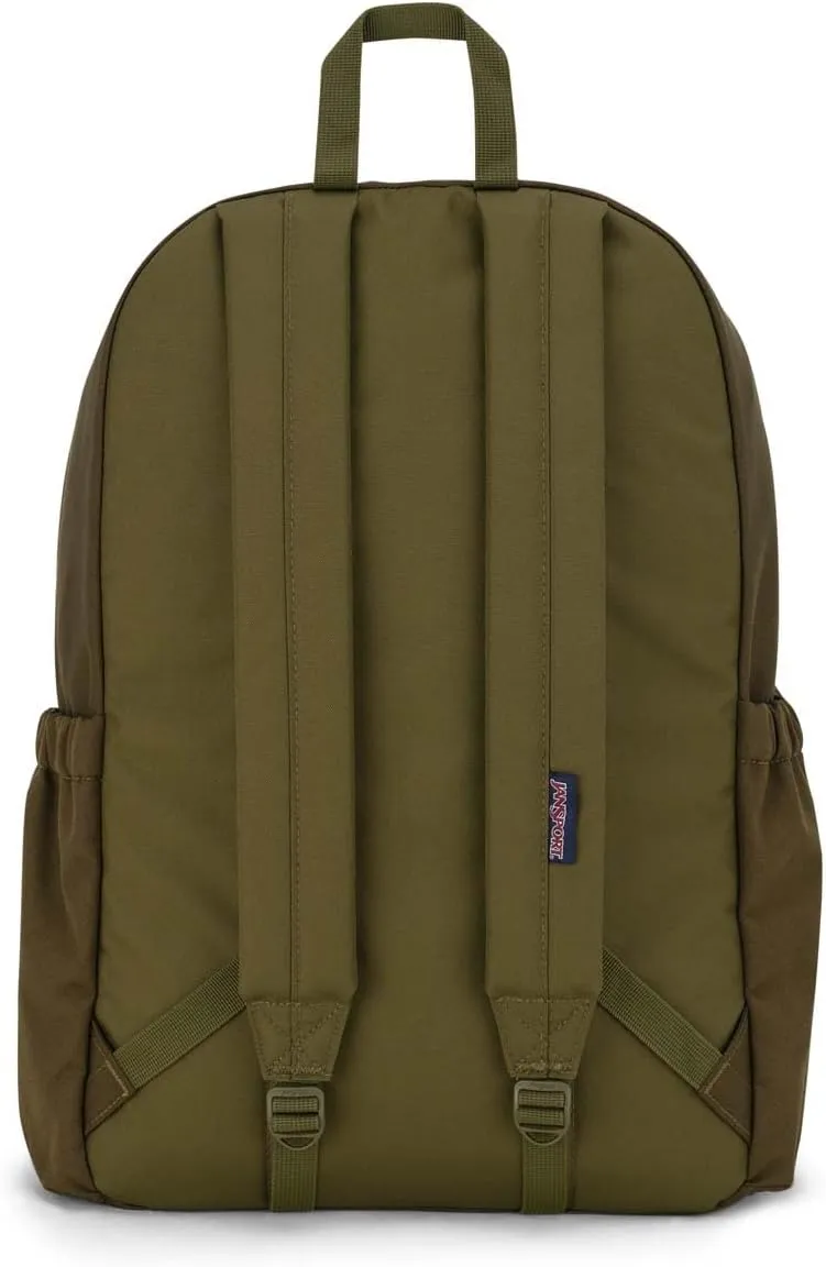 JanSport Lounge Pack – Large Main Compartment, Dual Water Bottle Pockets, Front Drawcord Pocket, Padded Laptop Sleeve, Army Green