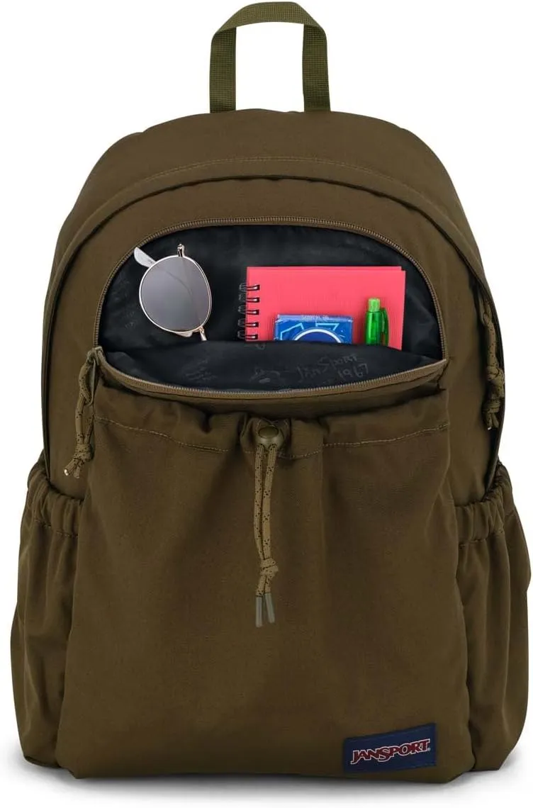 JanSport Lounge Pack – Large Main Compartment, Dual Water Bottle Pockets, Front Drawcord Pocket, Padded Laptop Sleeve, Army Green