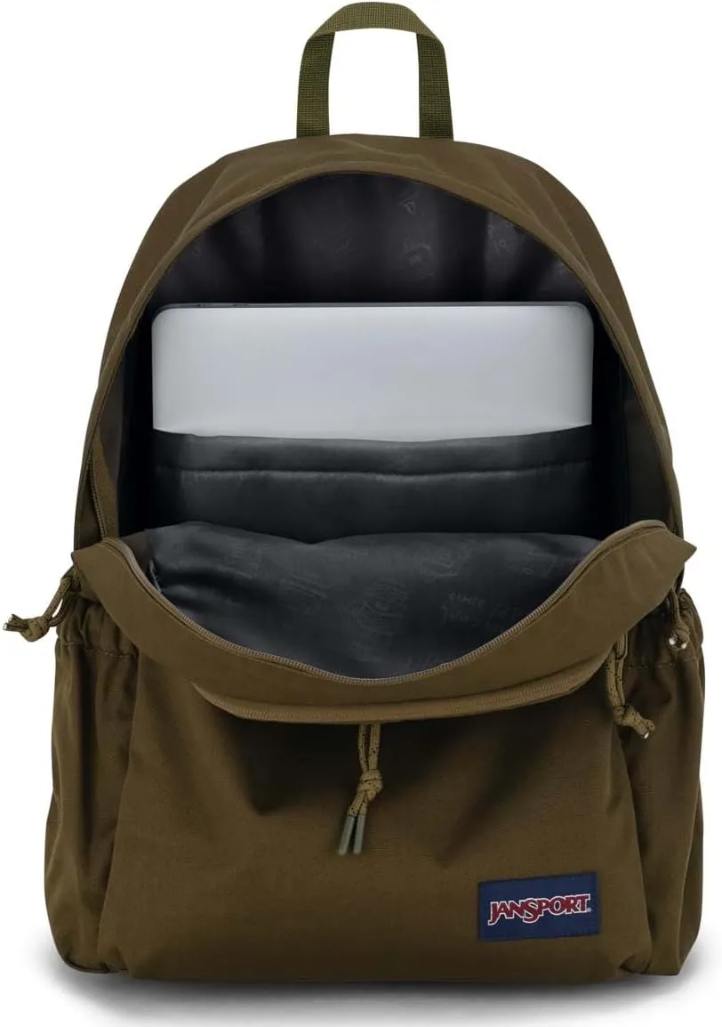 JanSport Lounge Pack – Large Main Compartment, Dual Water Bottle Pockets, Front Drawcord Pocket, Padded Laptop Sleeve, Army Green