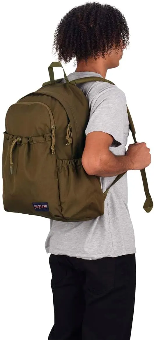 JanSport Lounge Pack – Large Main Compartment, Dual Water Bottle Pockets, Front Drawcord Pocket, Padded Laptop Sleeve, Army Green