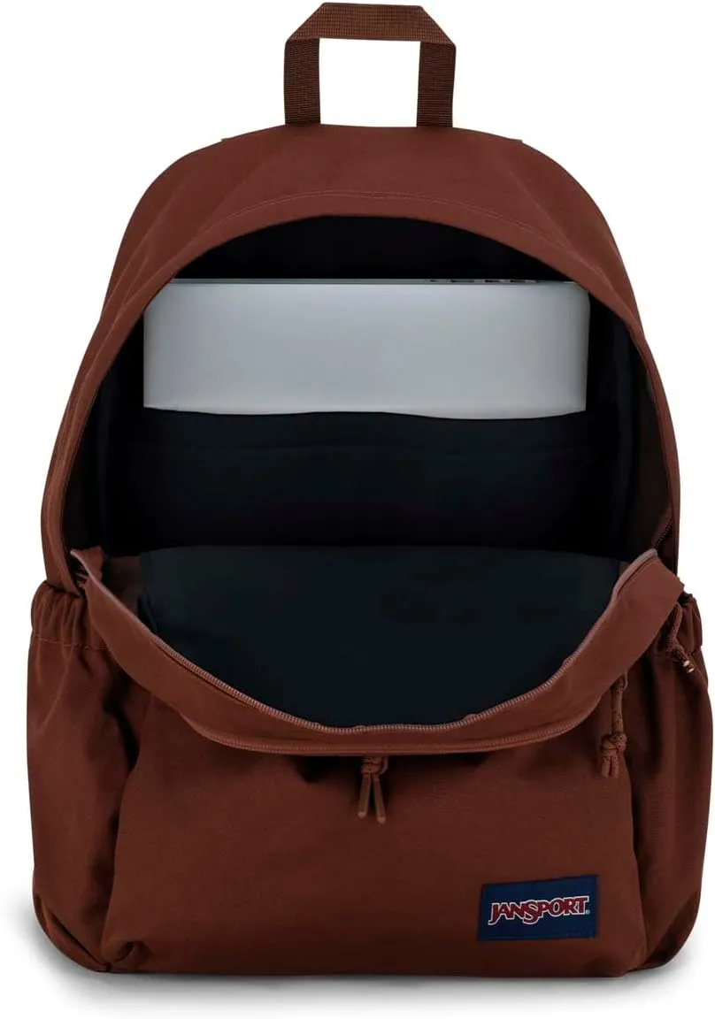 JanSport Lounge Pack – Large Main Compartment, Dual Water Bottle Pockets, Front Drawcord Pocket, Padded Laptop Sleeve, Basic Brown