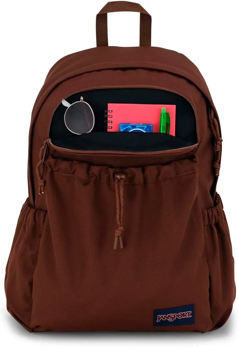 JanSport Lounge Pack – Large Main Compartment, Dual Water Bottle Pockets, Front Drawcord Pocket, Padded Laptop Sleeve, Basic Brown