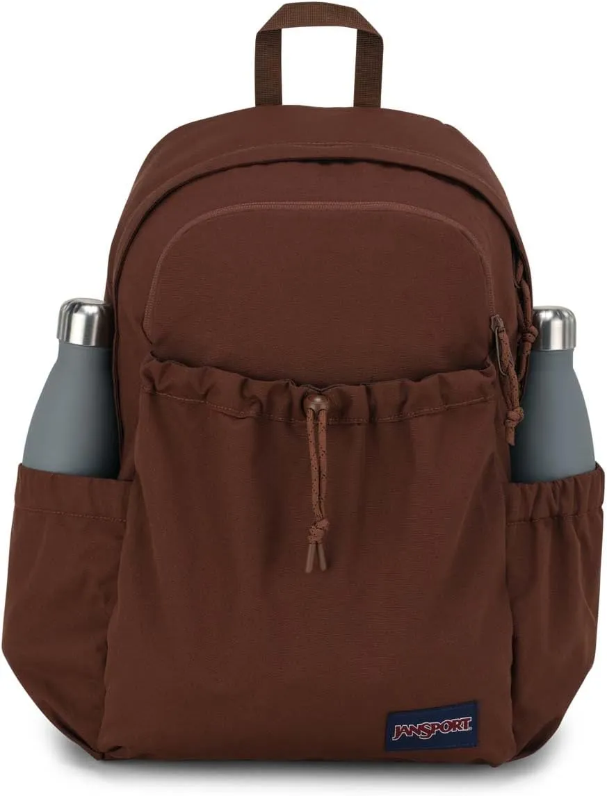 JanSport Lounge Pack – Large Main Compartment, Dual Water Bottle Pockets, Front Drawcord Pocket, Padded Laptop Sleeve, Basic Brown
