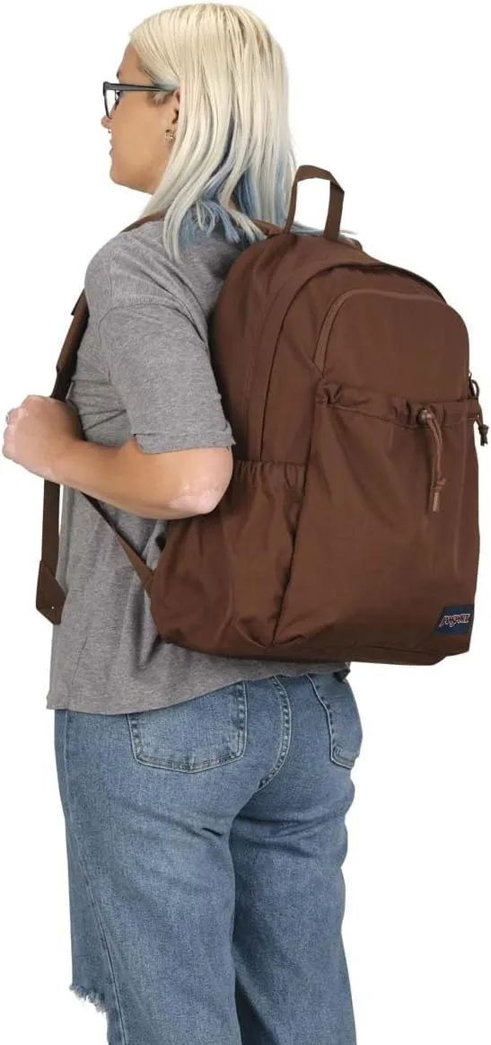 JanSport Lounge Pack – Large Main Compartment, Dual Water Bottle Pockets, Front Drawcord Pocket, Padded Laptop Sleeve, Basic Brown