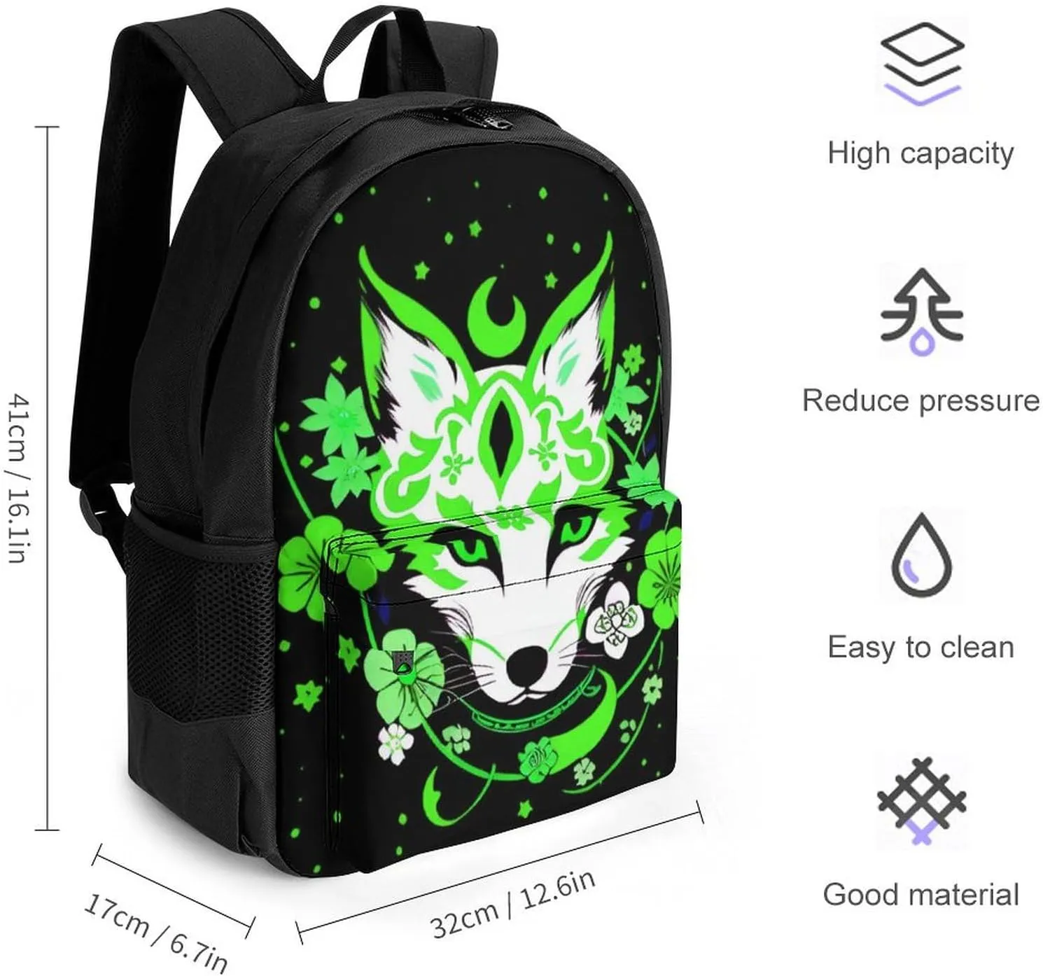 Japanese Kitsune Fox Magical Flowers Art Daypack Polyester Anti-Theft Multipurpose Bookbag Big Capacity Gym Outdoor Hiking Backpack With Adjustable Shoulder Straps
