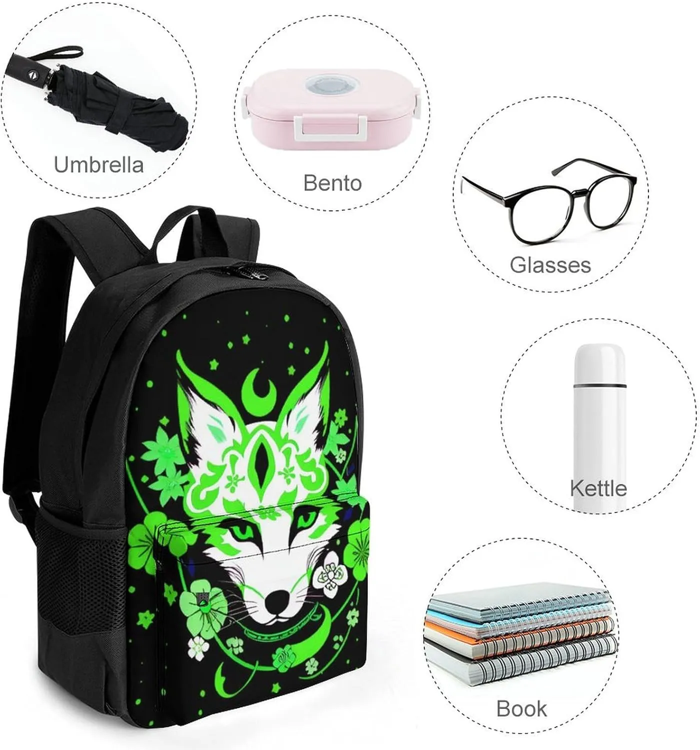 Japanese Kitsune Fox Magical Flowers Art Daypack Polyester Anti-Theft Multipurpose Bookbag Big Capacity Gym Outdoor Hiking Backpack With Adjustable Shoulder Straps