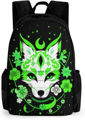 Japanese Kitsune Fox Magical Flowers Art Daypack Polyester Anti-Theft Multipurpose Bookbag Big Capacity Gym Outdoor Hiking Backpack With Adjustable Shoulder Straps