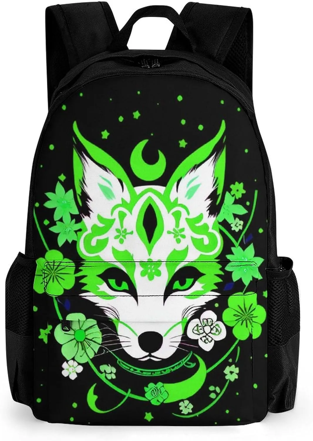 Japanese Kitsune Fox Magical Flowers Art Daypack Polyester Anti-Theft Multipurpose Bookbag Big Capacity Gym Outdoor Hiking Backpack With Adjustable Shoulder Straps