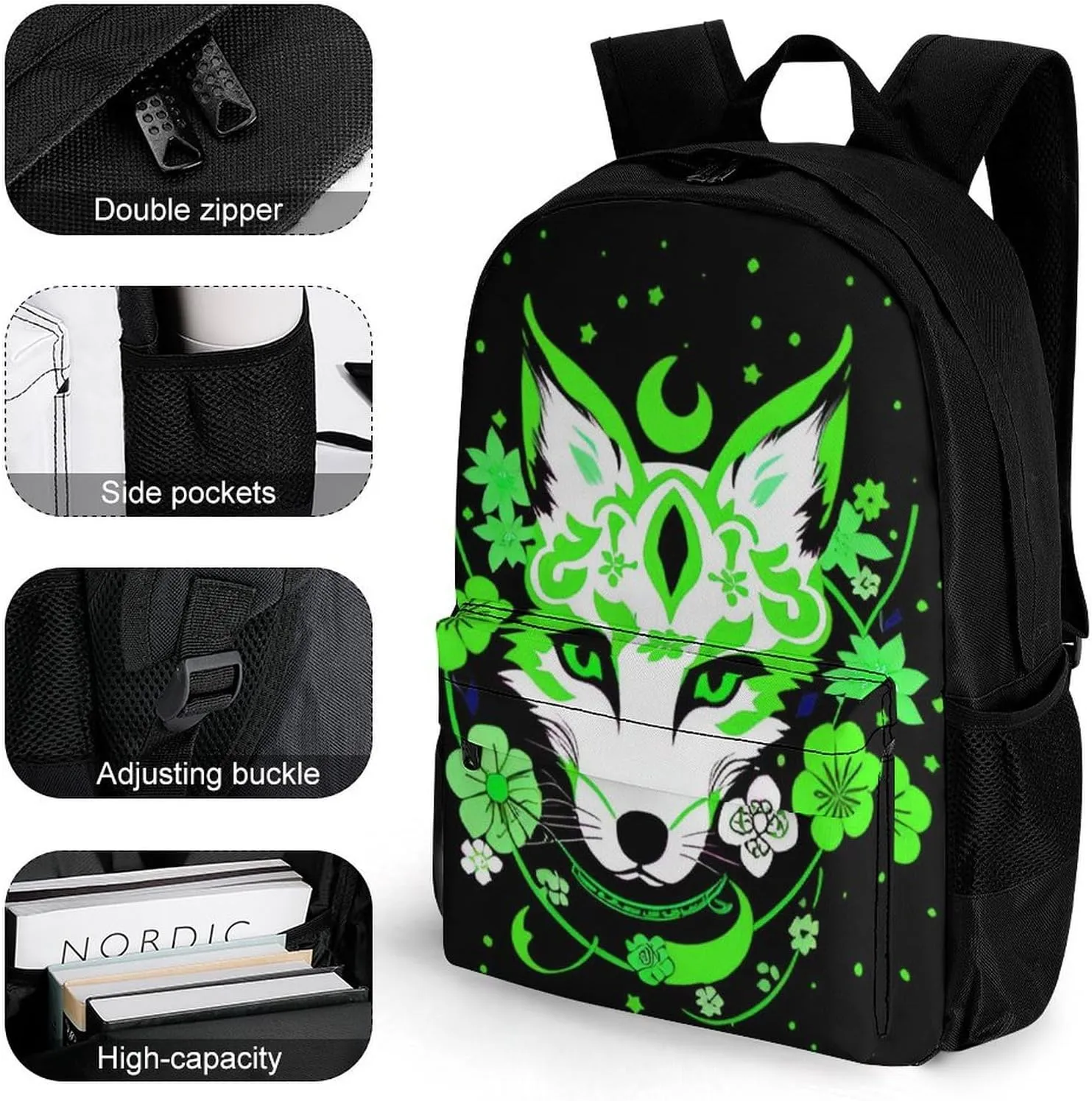 Japanese Kitsune Fox Magical Flowers Art Daypack Polyester Anti-Theft Multipurpose Bookbag Big Capacity Gym Outdoor Hiking Backpack With Adjustable Shoulder Straps